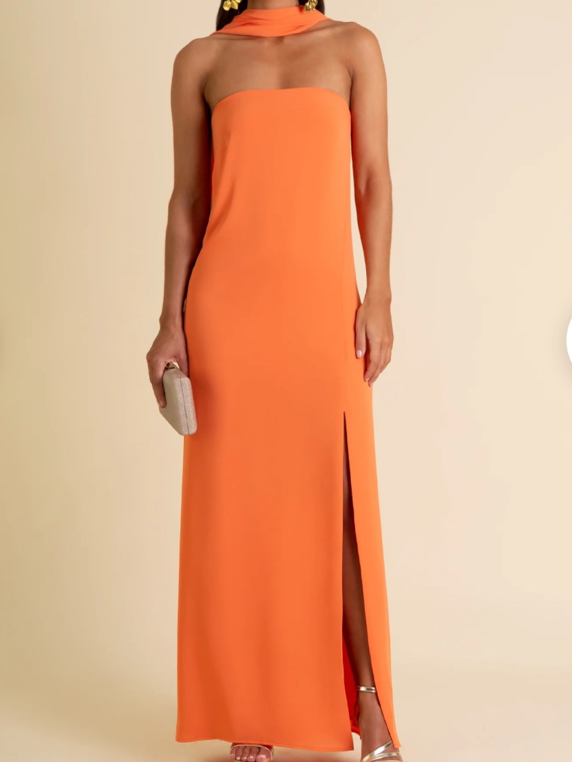 Strapless Orange Maxi Dress With Thigh Slit